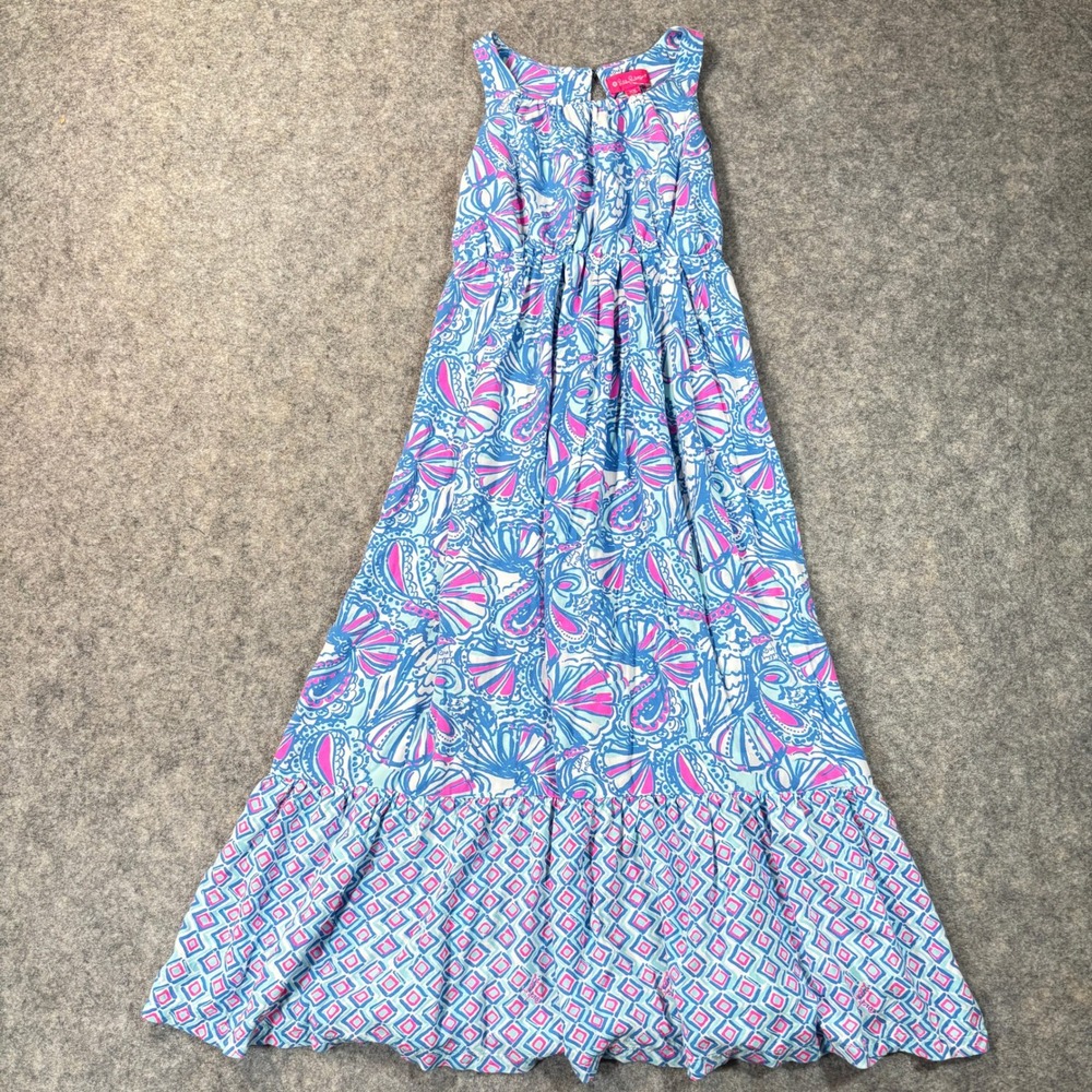 Lilly Pulitzer Dress Girl M Blue Pink Rayon Sleeveless Tiered Sea Print Maxi